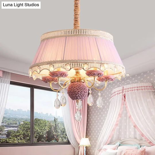 Pastoral Style Ceramic Chandelier With Hanging Light And Pleated Lamp Shade - Set Of 5 Candlestick