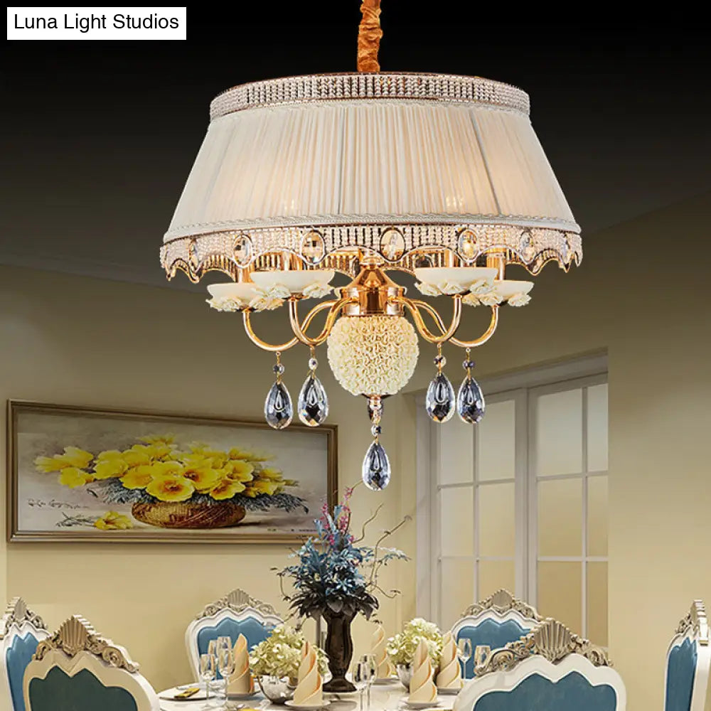 Pastoral Style Ceramic Chandelier With Hanging Light And Pleated Lamp Shade - Set Of 5 Candlestick