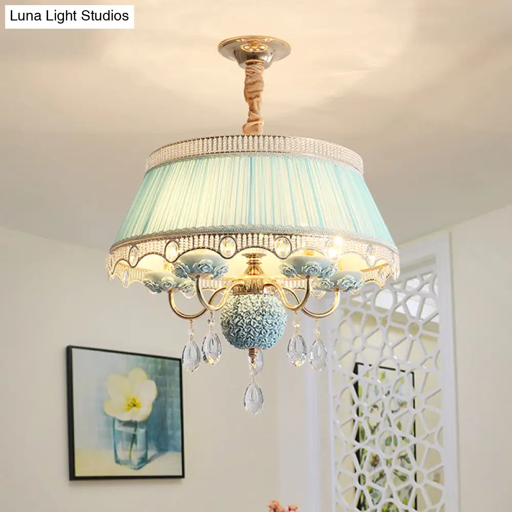 Pastoral Style Ceramic Chandelier With Hanging Light And Pleated Lamp Shade - Set Of 5 Candlestick