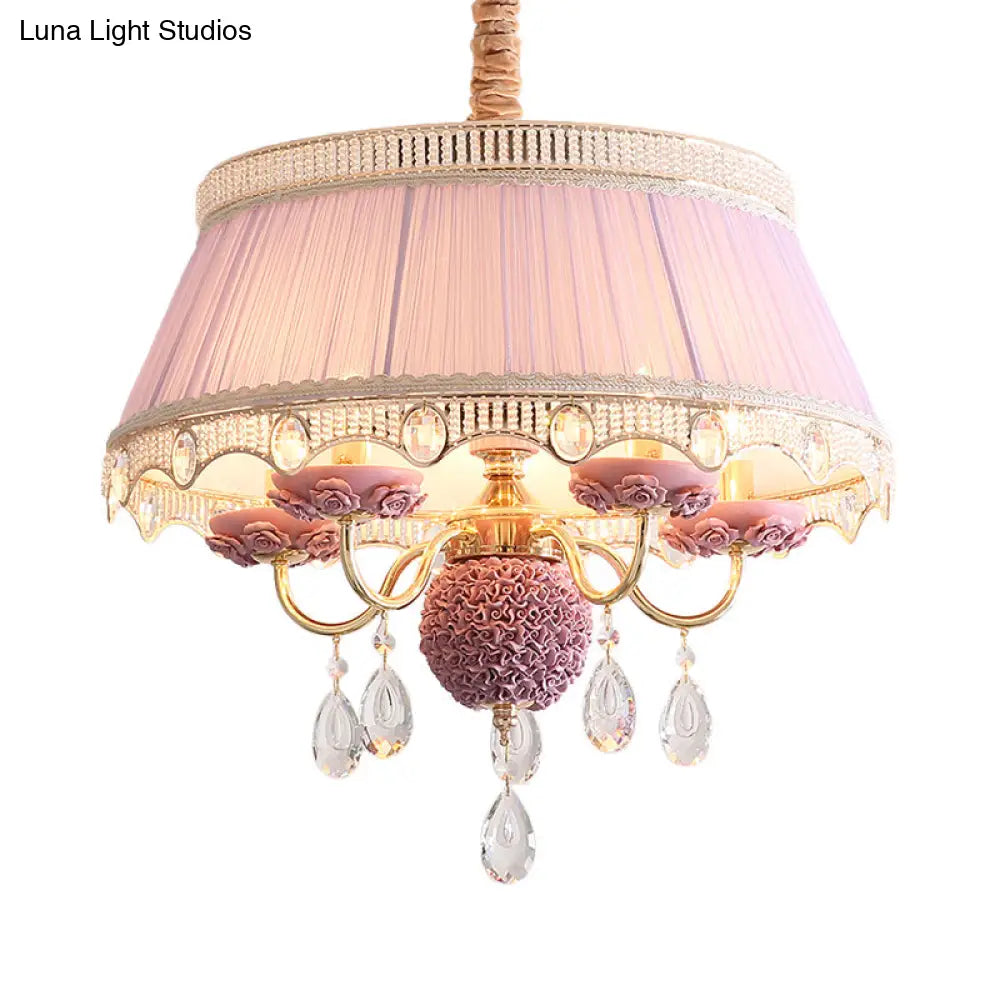 Pastoral Style Ceramic Chandelier With Hanging Light And Pleated Lamp Shade - Set Of 5 Candlestick