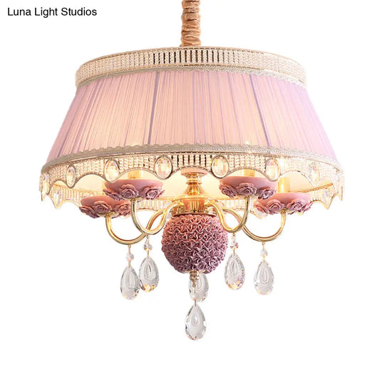 Pastoral Style Ceramic Chandelier With Hanging Light And Pleated Lamp Shade - Set Of 5 Candlestick