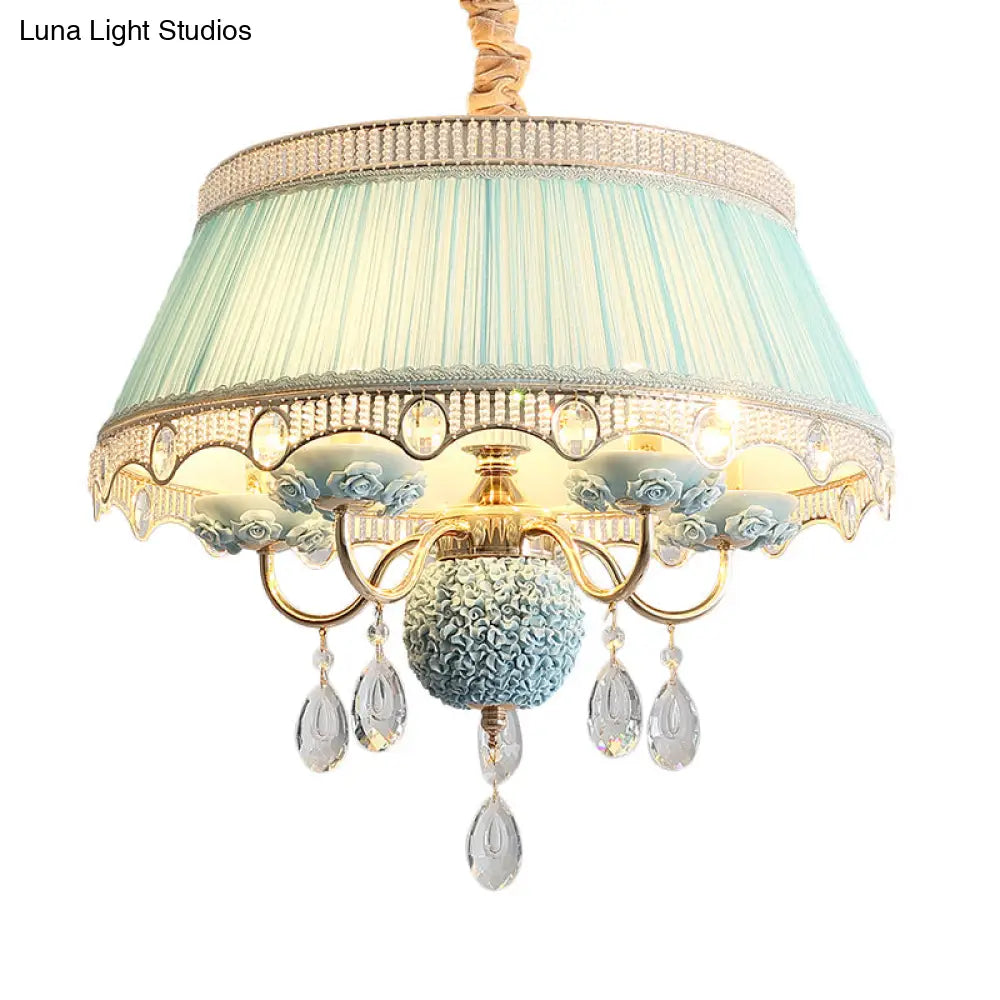 Pastoral Style Ceramic Chandelier With Hanging Light And Pleated Lamp Shade - Set Of 5 Candlestick