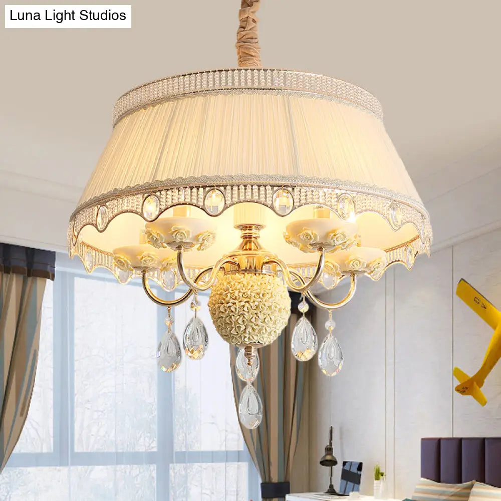 Pastoral Style Ceramic Chandelier With Hanging Light And Pleated Lamp Shade - Set Of 5 Candlestick