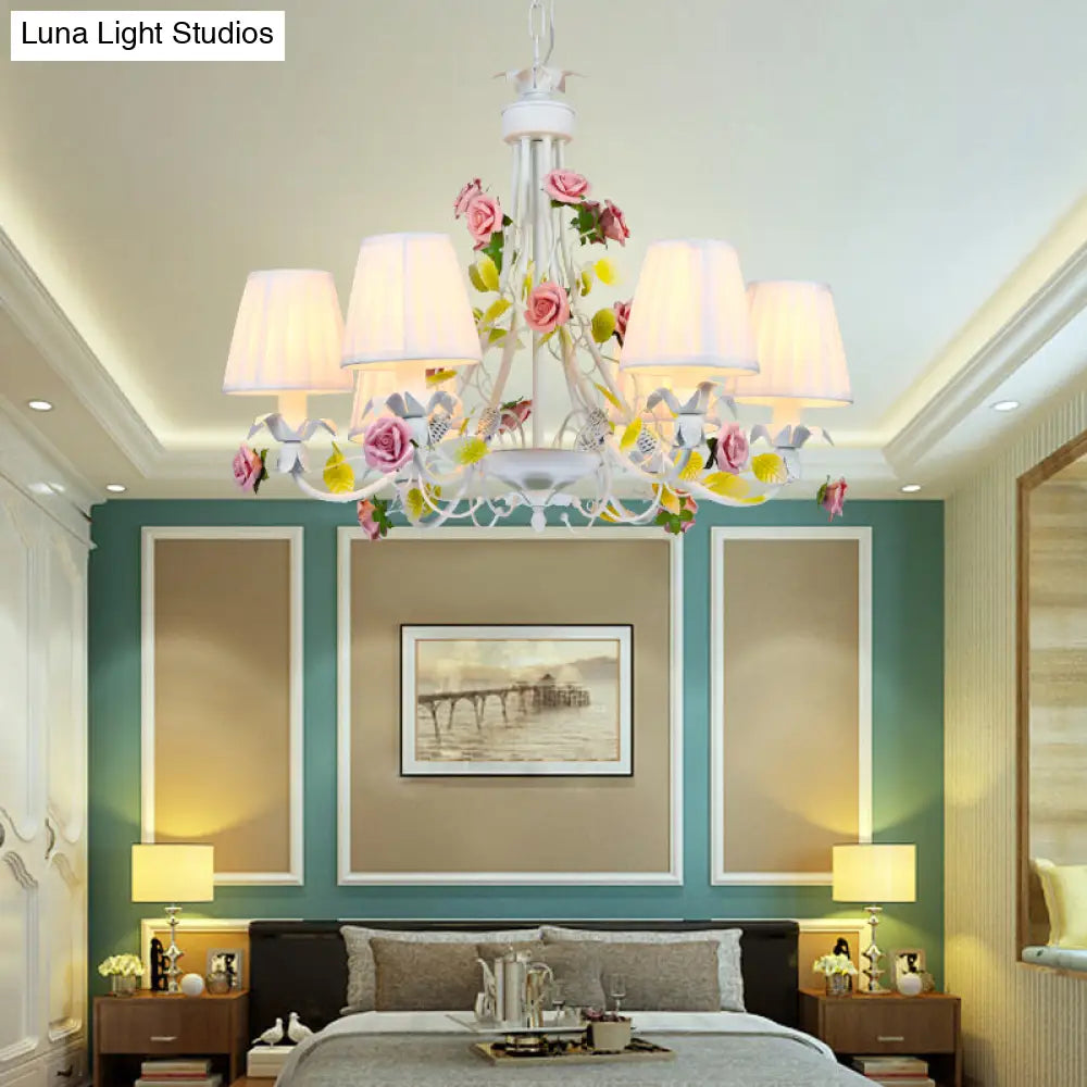 Pastoral Style Chandelier With Decorative Rose: Pleated White Fabric Hanging Light