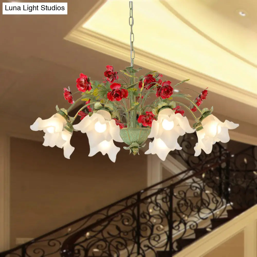 Pastoral Style Cream Glass Flower Chandelier With Green Spread And Multiple Head Options For Dining