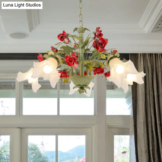 Pastoral Style Cream Glass Flower Chandelier With Green Spread And Multiple Head Options For Dining