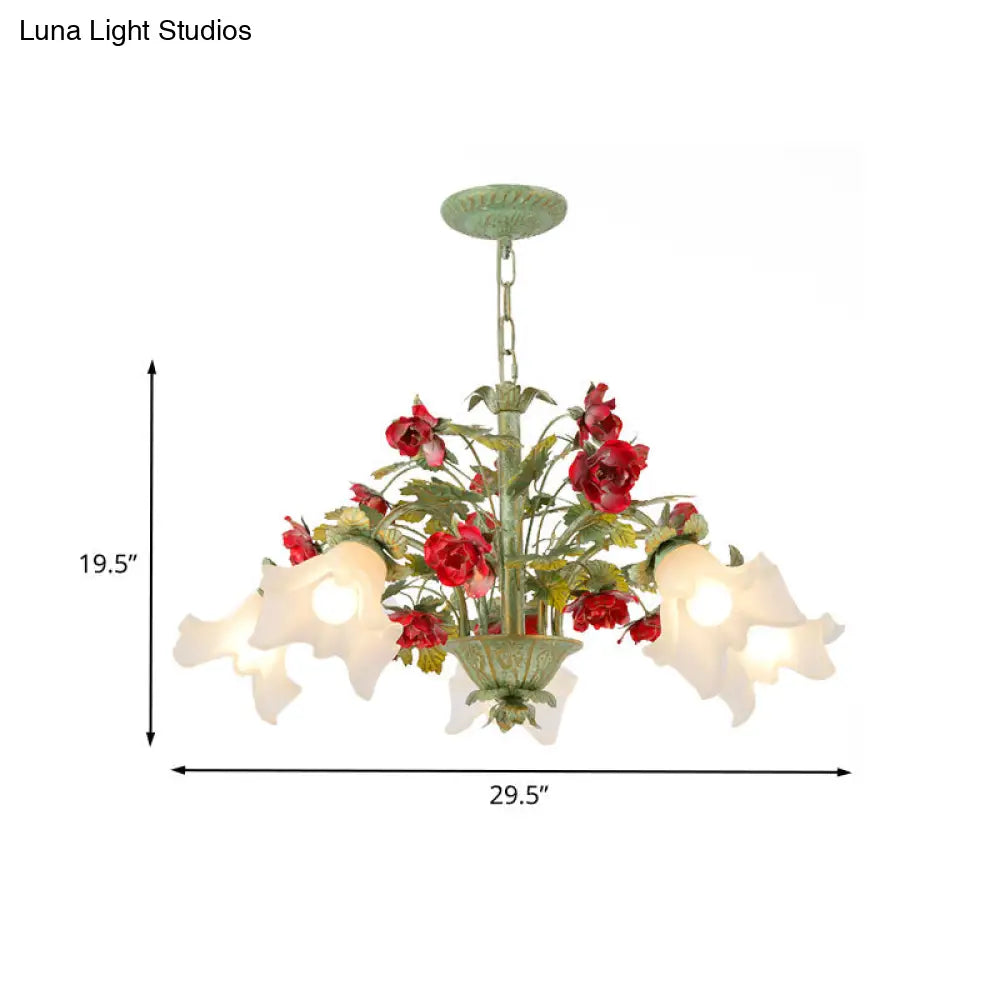 Pastoral Style Cream Glass Flower Chandelier With Green Spread And Multiple Head Options For Dining