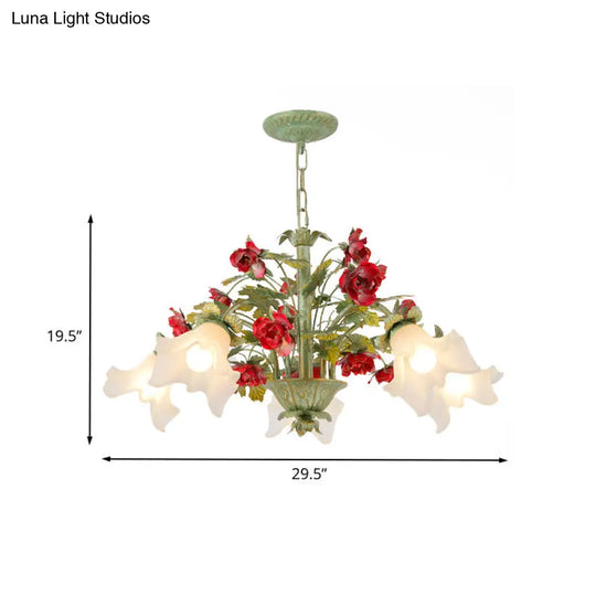 Pastoral Style Cream Glass Flower Chandelier With Green Spread And Multiple Head Options For Dining