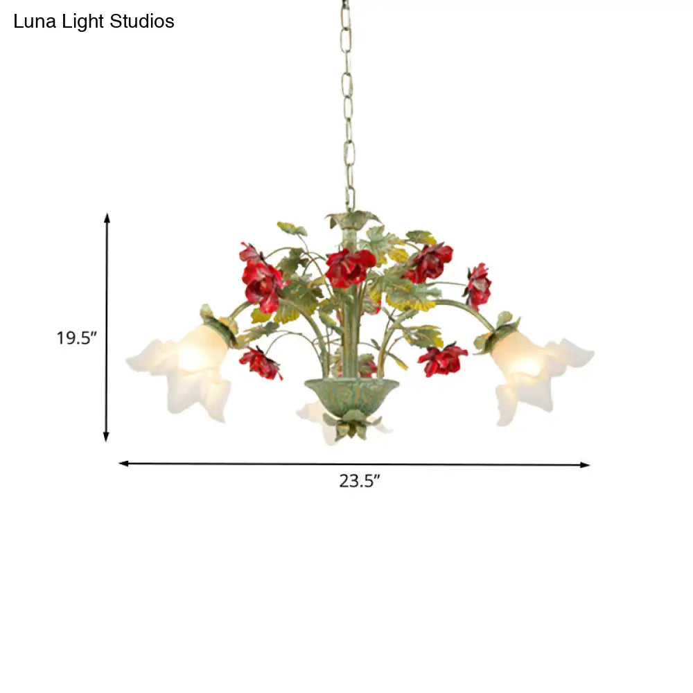 Pastoral Style Cream Glass Flower Chandelier With Green Spread And Multiple Head Options For Dining