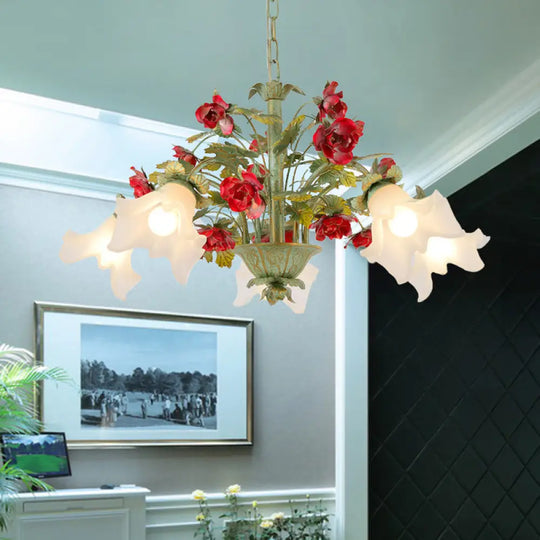 Pastoral Style Cream Glass Flower Chandelier With Green Spread And Multiple Head Options For Dining