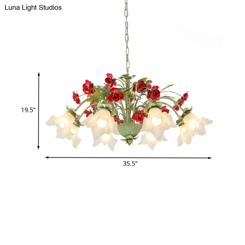 Pastoral Style Cream Glass Flower Chandelier With Green Spread And Multiple Head Options For Dining