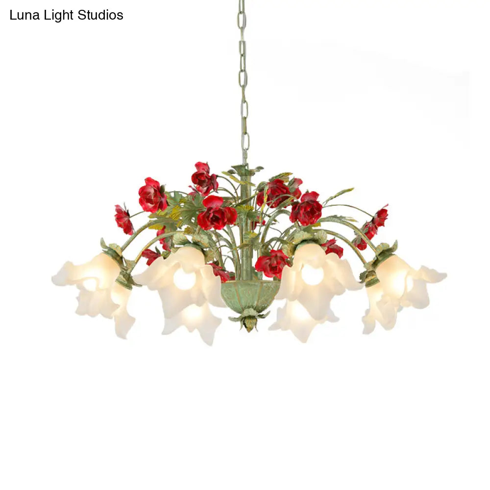 Pastoral Style Cream Glass Flower Chandelier With Green Spread And Multiple Head Options For Dining