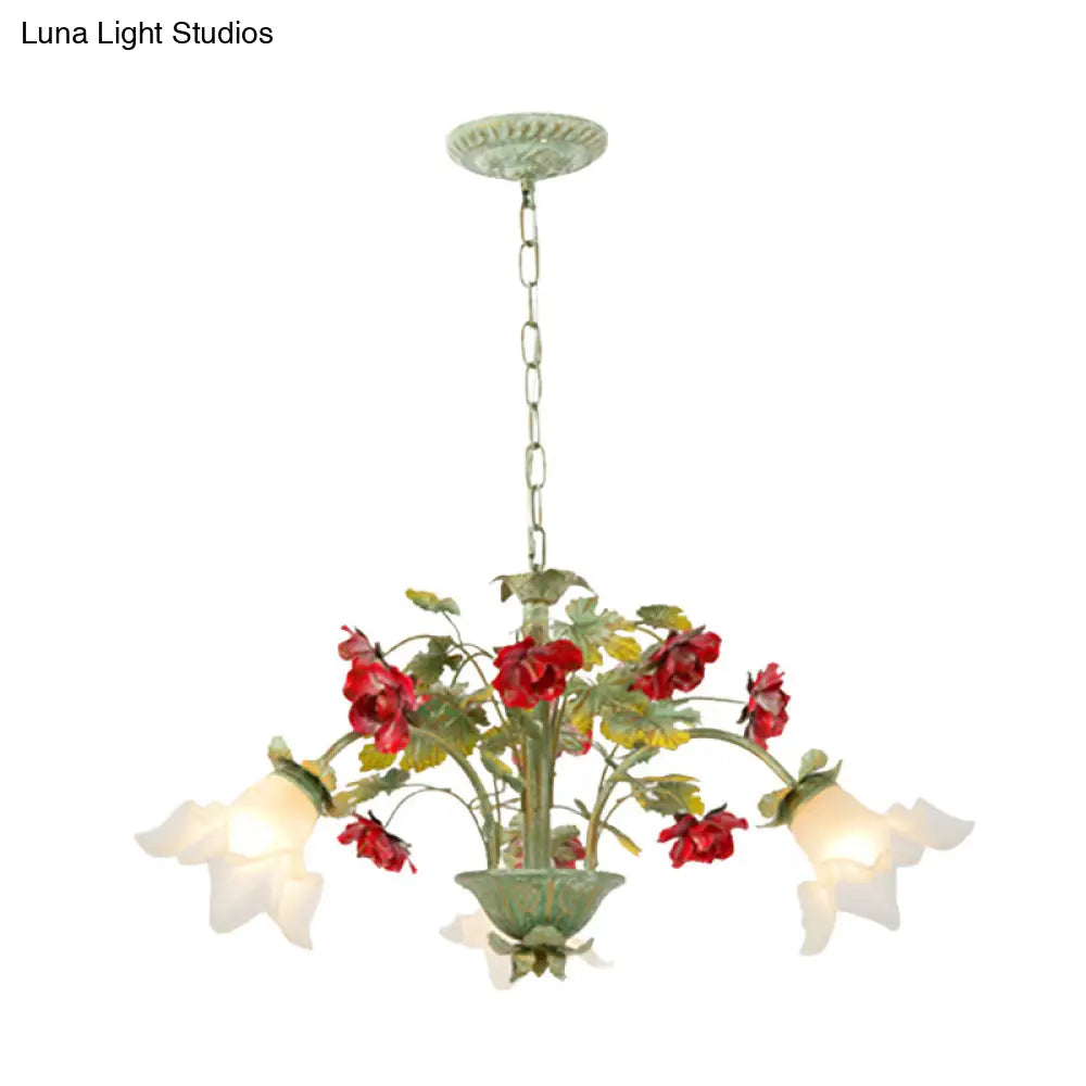 Pastoral Style Cream Glass Flower Chandelier With Green Spread And Multiple Head Options For Dining