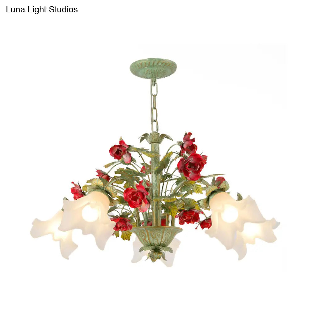 Pastoral Style Cream Glass Flower Chandelier With Green Spread And Multiple Head Options For Dining