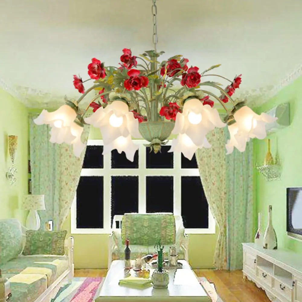 Pastoral Style Cream Glass Flower Chandelier With Green Spread And Multiple Head Options For Dining