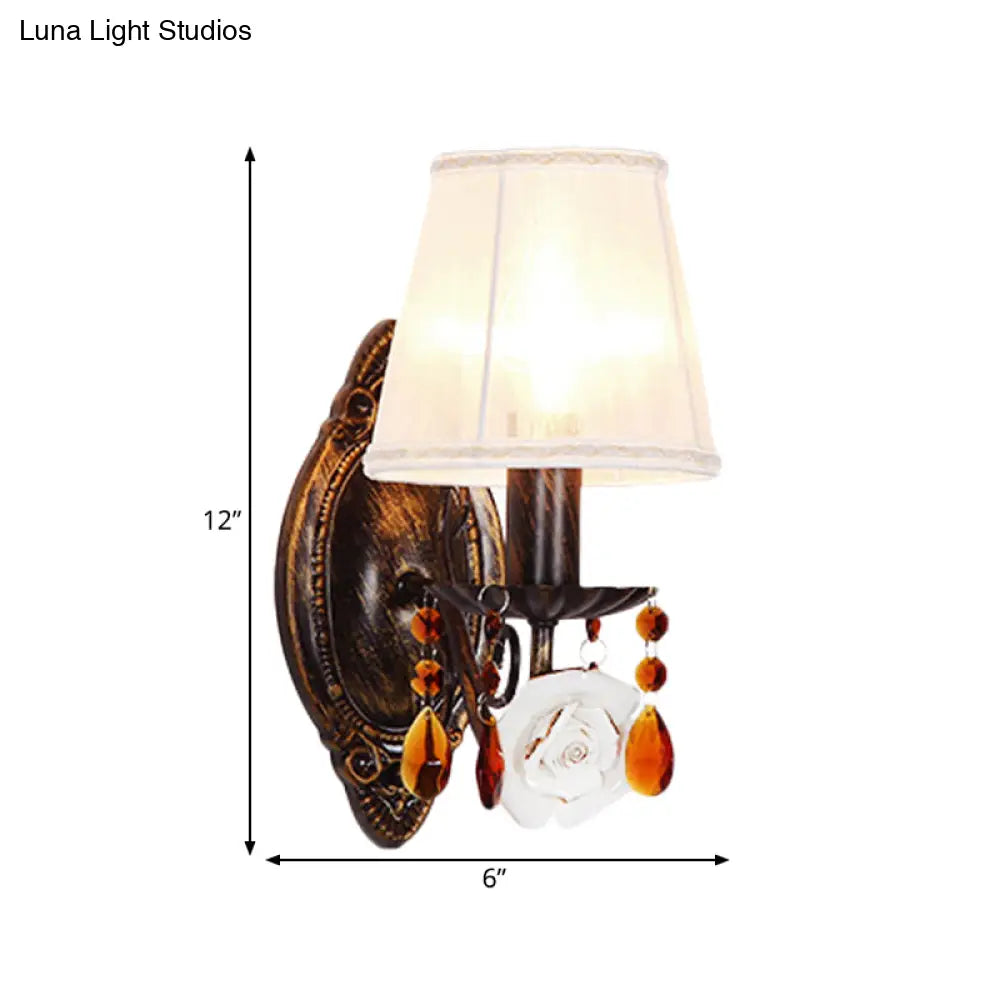 Pastoral Style Fabric Antique Brass Sconce Lamp: Coffee Crystal Wall Mounted Light