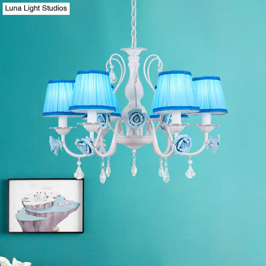 Pastoral Style Fabric Blue Chandelier With Crystal Accent - Conical Pendant Light Fixture (3/6/8