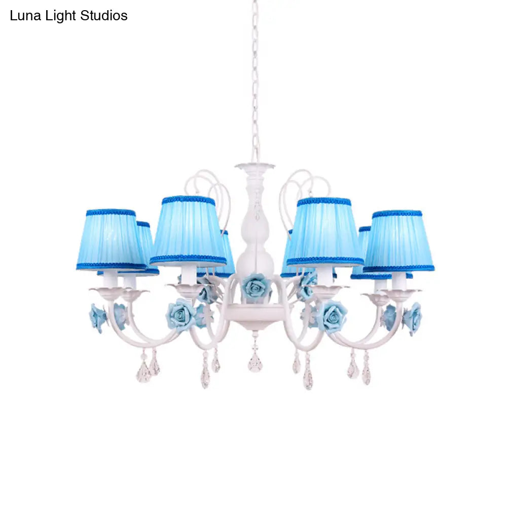 Pastoral Style Fabric Blue Chandelier With Crystal Accent - Conical Pendant Light Fixture (3/6/8