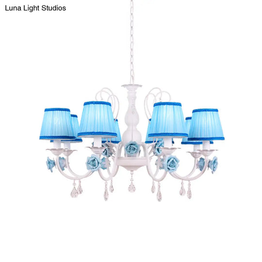 Pastoral Style Fabric Blue Chandelier With Crystal Accent - Conical Pendant Light Fixture (3/6/8