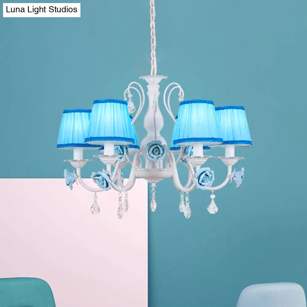 Pastoral Style Fabric Blue Chandelier With Crystal Accent - Conical Pendant Light Fixture (3/6/8