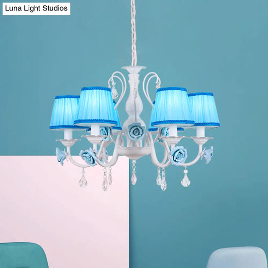 Pastoral Style Fabric Blue Chandelier With Crystal Accent - Conical Pendant Light Fixture (3/6/8