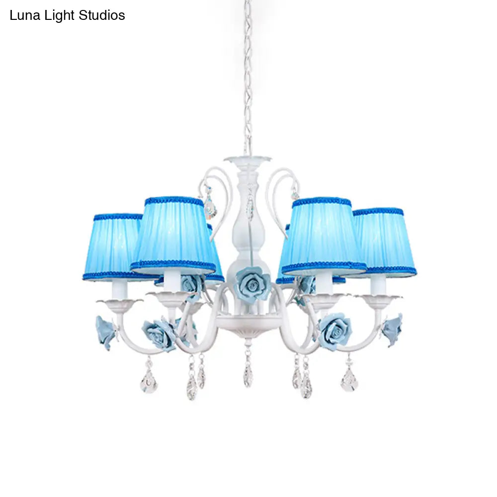 Pastoral Style Fabric Blue Chandelier With Crystal Accent - Conical Pendant Light Fixture (3/6/8