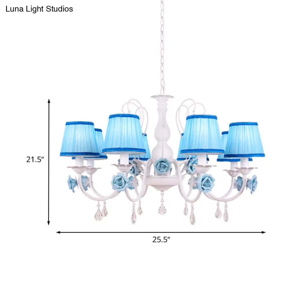 Pastoral Style Fabric Blue Chandelier With Crystal Accent - Conical Pendant Light Fixture (3/6/8