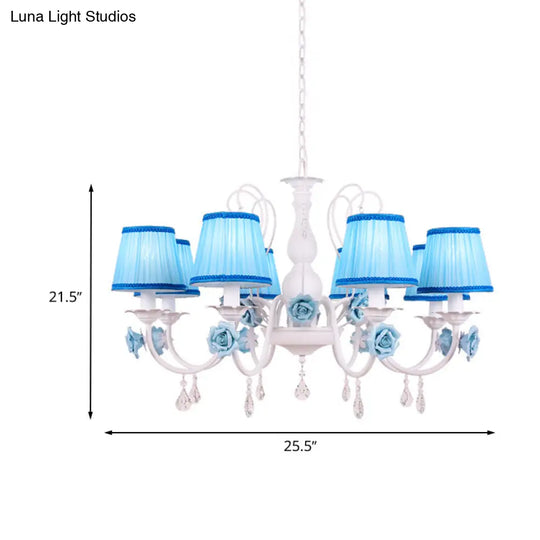 Pastoral Style Fabric Blue Chandelier With Crystal Accent - Conical Pendant Light Fixture (3/6/8