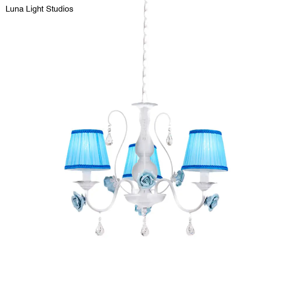 Pastoral Style Fabric Blue Chandelier With Crystal Accent - Conical Pendant Light Fixture (3/6/8