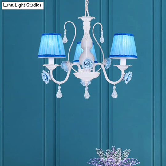 Pastoral Style Fabric Blue Chandelier With Crystal Accent - Conical Pendant Light Fixture (3/6/8