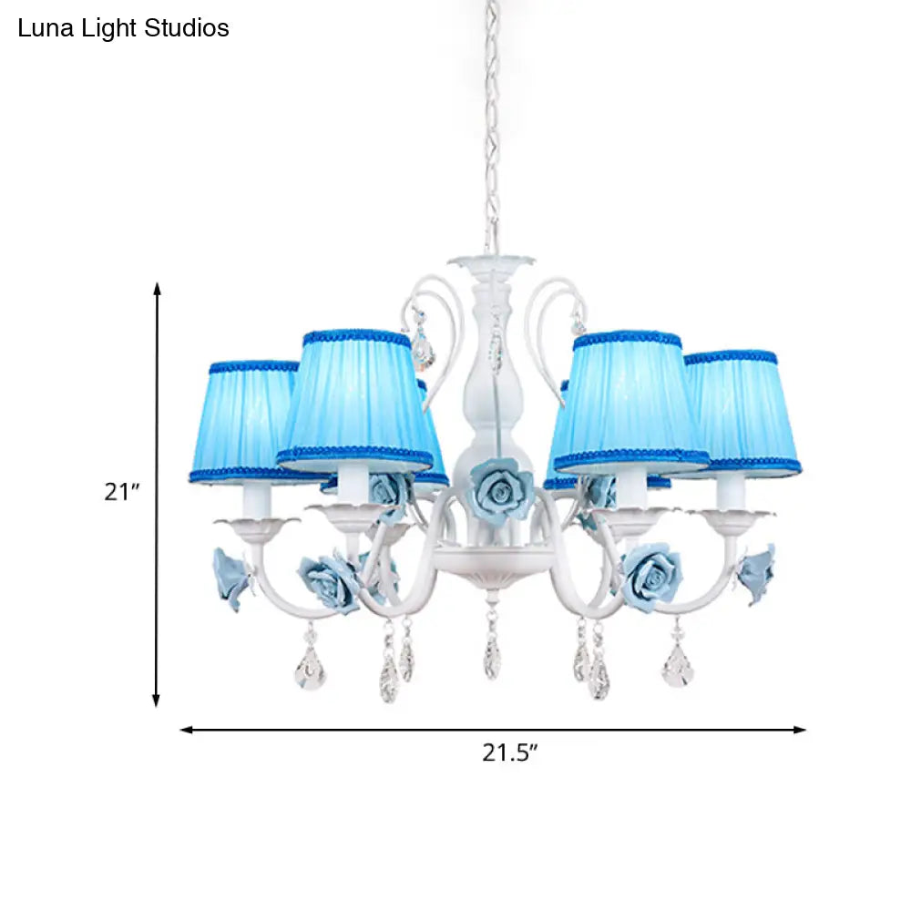 Pastoral Style Fabric Blue Chandelier With Crystal Accent - Conical Pendant Light Fixture (3/6/8