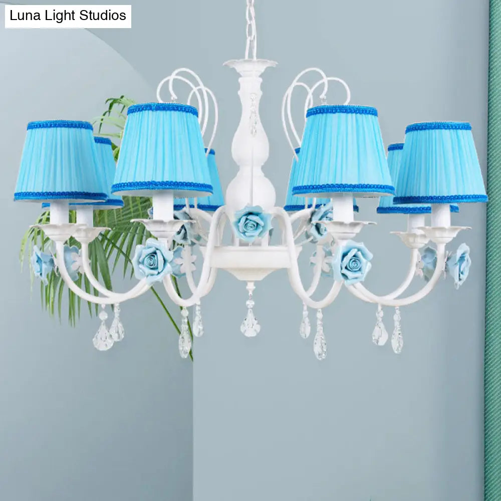 Pastoral Style Fabric Blue Chandelier With Crystal Accent - Conical Pendant Light Fixture (3/6/8