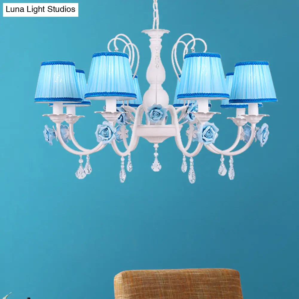 Pastoral Style Fabric Blue Chandelier With Crystal Accent - Conical Pendant Light Fixture (3/6/8