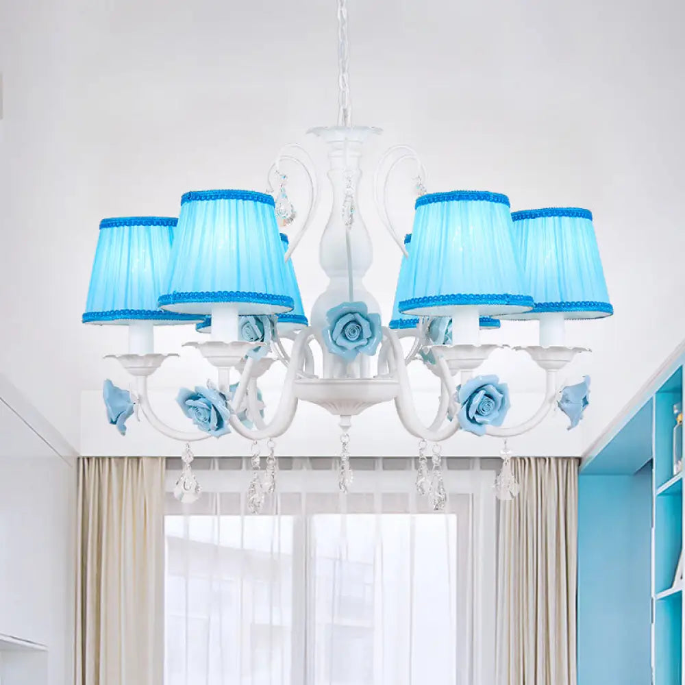 Pastoral Style Fabric Blue Chandelier With Crystal Accent - Conical Pendant Light Fixture (3/6/8