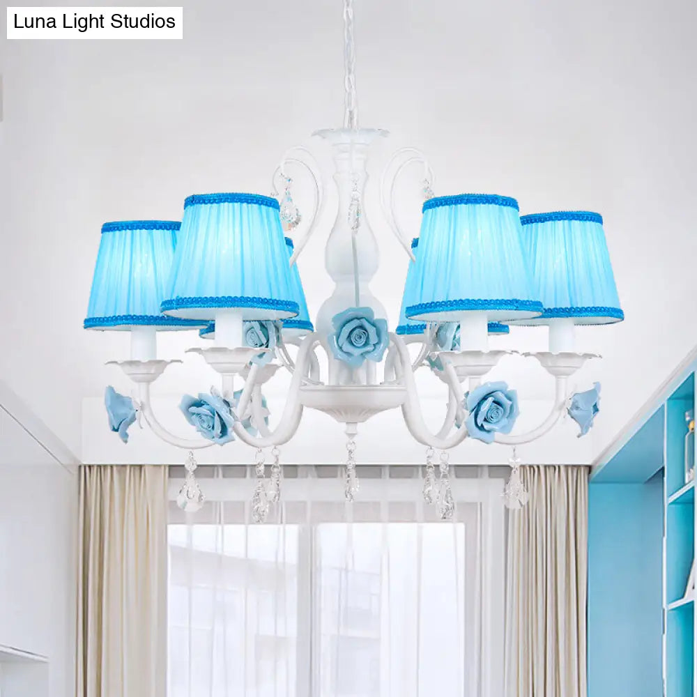 Pastoral Style Fabric Blue Chandelier With Crystal Accent - Conical Pendant Light Fixture (3/6/8