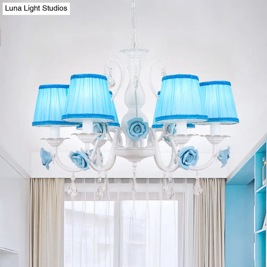 Pastoral Style Fabric Blue Chandelier With Crystal Accent - Conical Pendant Light Fixture (3/6/8