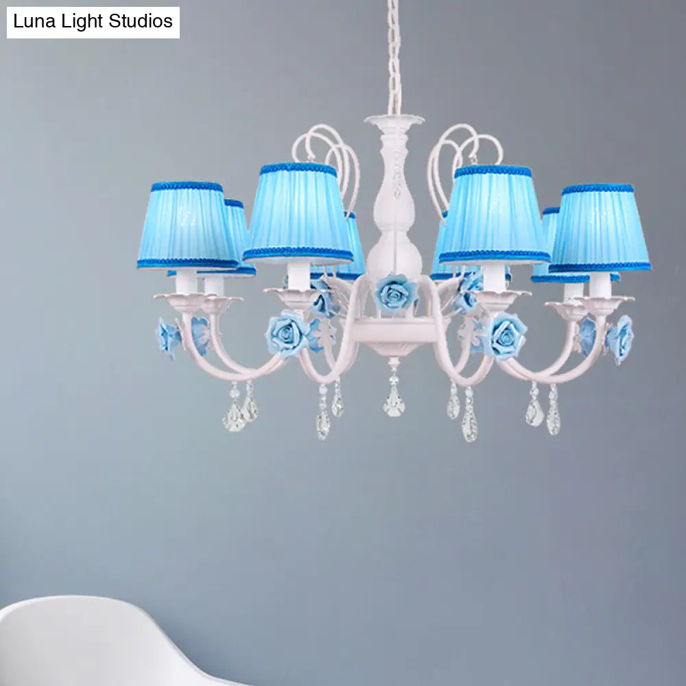 Pastoral Style Fabric Blue Chandelier With Crystal Accent - Conical Pendant Light Fixture (3/6/8