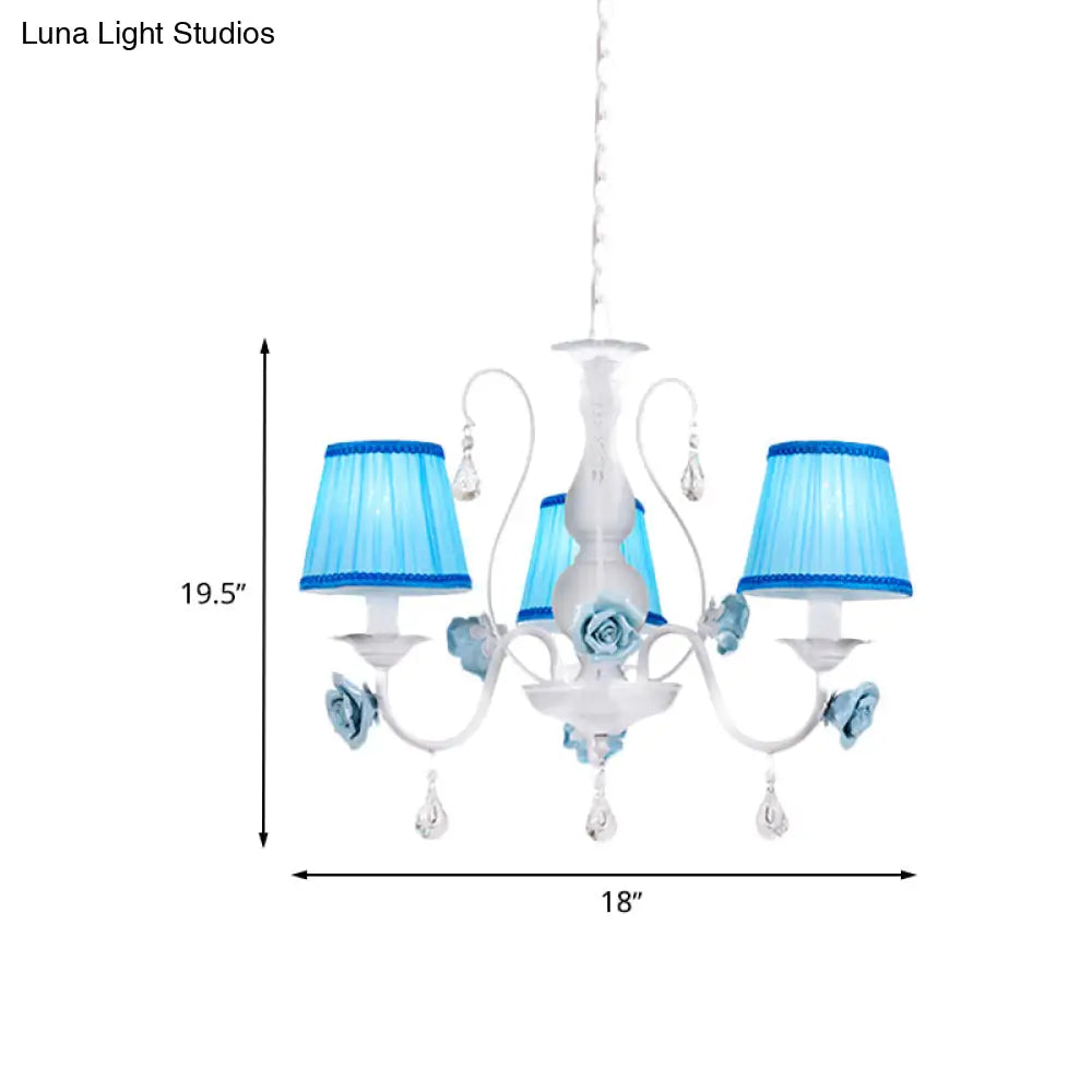 Pastoral Style Fabric Blue Chandelier With Crystal Accent - Conical Pendant Light Fixture (3/6/8