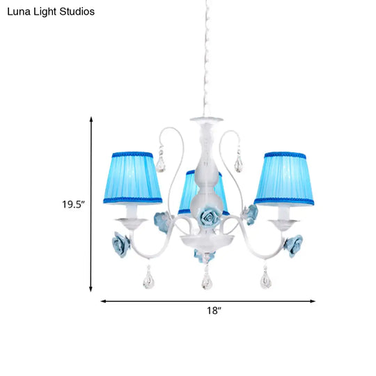 Pastoral Style Fabric Blue Chandelier With Crystal Accent - Conical Pendant Light Fixture (3/6/8