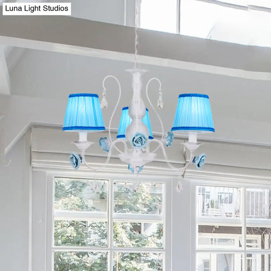 Pastoral Style Fabric Blue Chandelier With Crystal Accent - Conical Pendant Light Fixture (3/6/8