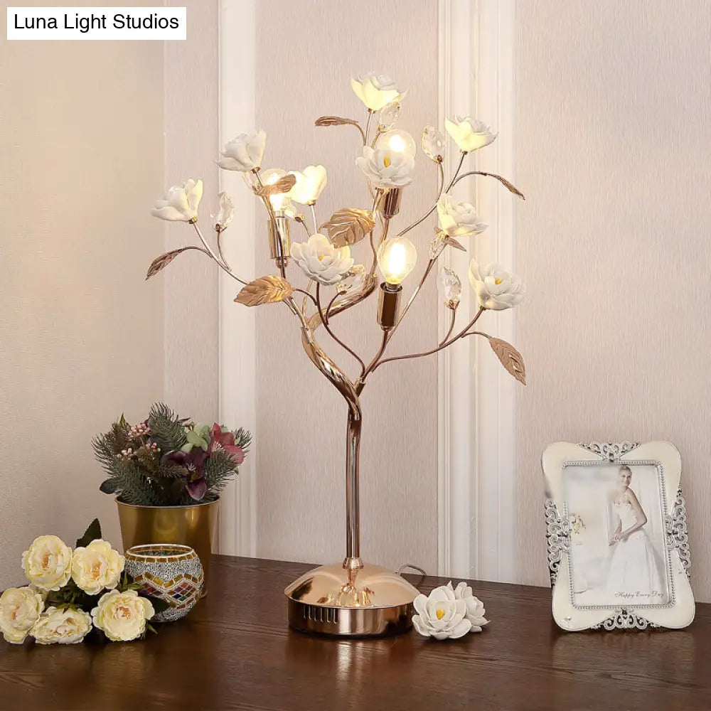Pastoral Style Floral Ceramic Table Lamp With Decorative Crystal For Living Room Nightstand