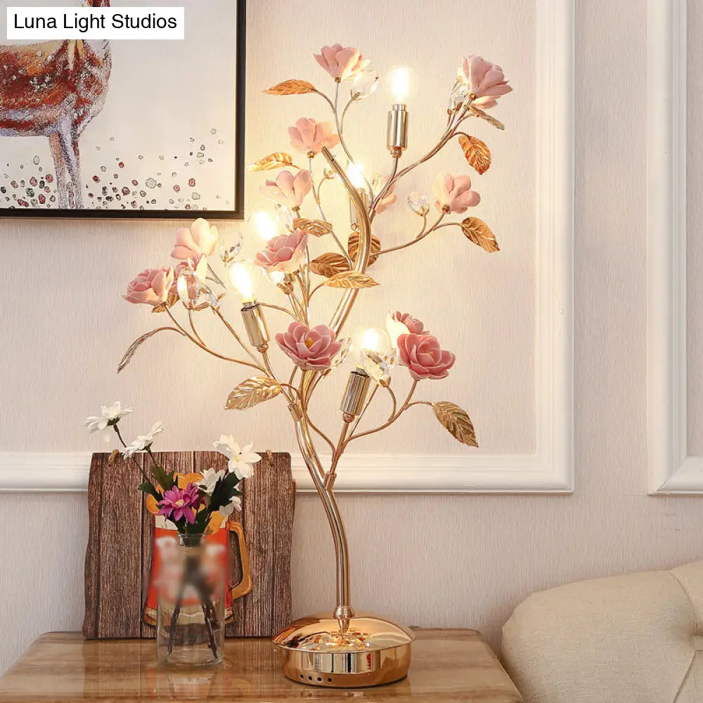 Pastoral Style Floral Ceramic Table Lamp With Decorative Crystal For Living Room Nightstand