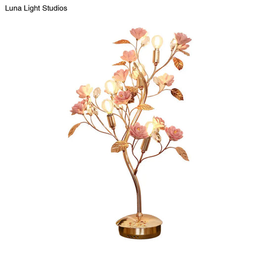 Pastoral Style Floral Ceramic Table Lamp With Decorative Crystal For Living Room Nightstand