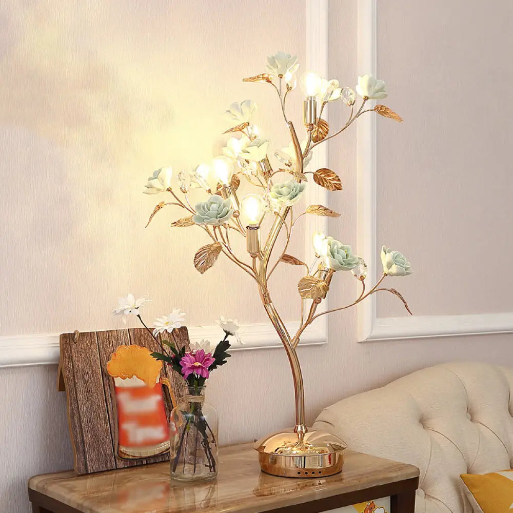 Pastoral Style Floral Ceramic Table Lamp With Decorative Crystal For Living Room Nightstand Green /