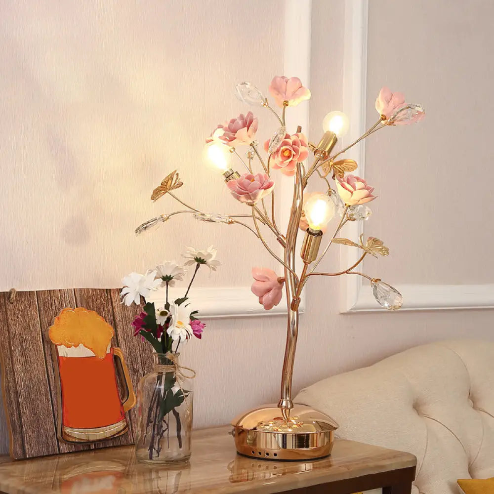 Pastoral Style Floral Ceramic Table Lamp With Decorative Crystal For Living Room Nightstand Pink / C