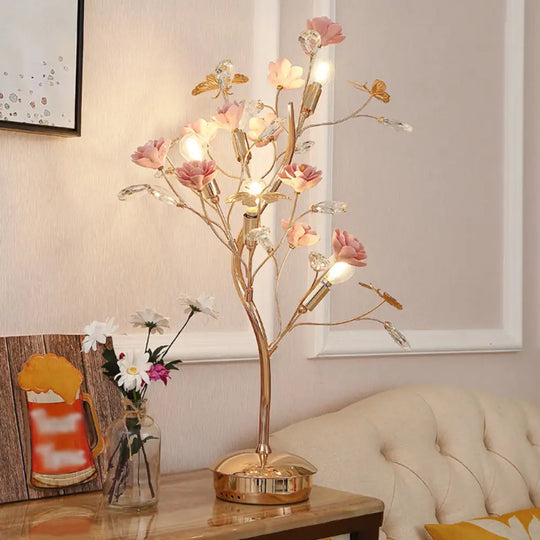 Pastoral Style Floral Ceramic Table Lamp With Decorative Crystal For Living Room Nightstand Pink / D