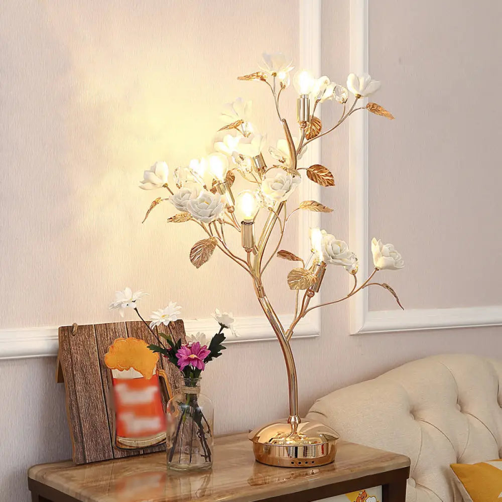 Pastoral Style Floral Ceramic Table Lamp With Decorative Crystal For Living Room Nightstand White /