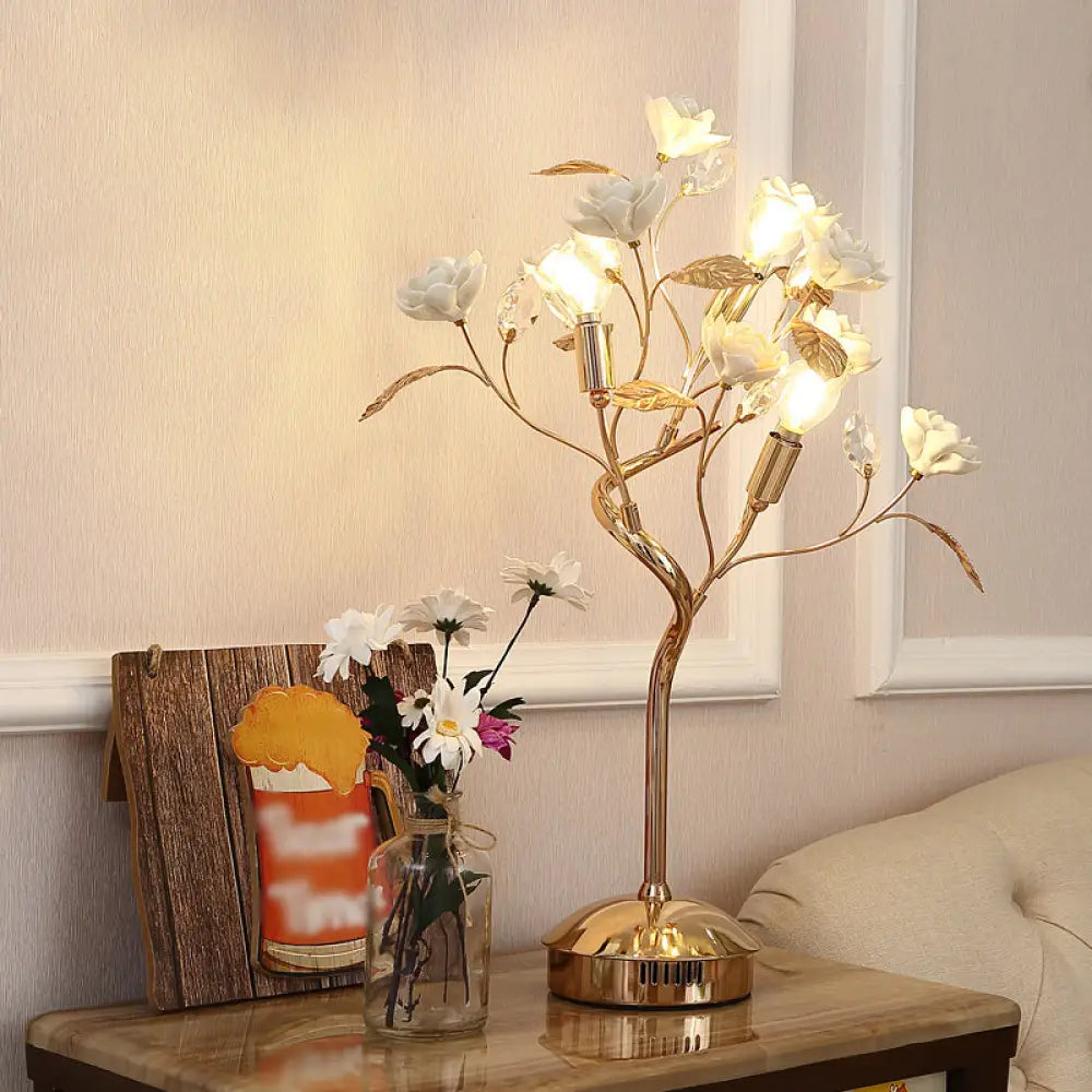 Pastoral Style Floral Ceramic Table Lamp With Decorative Crystal For Living Room Nightstand White /