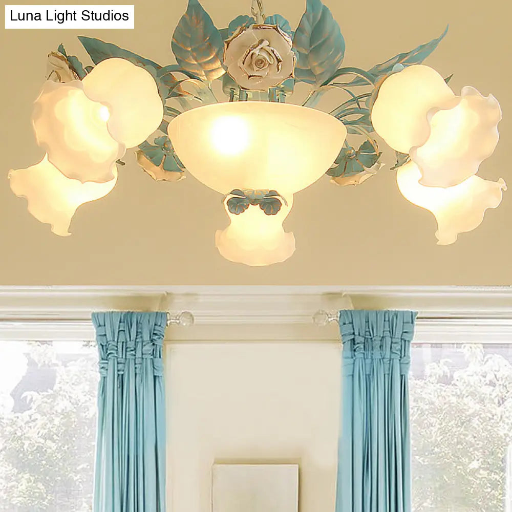 Pastoral Style Floral Chandelier With Frosted Blue Glass Shade - 7-Light Pendant Lamp For Living