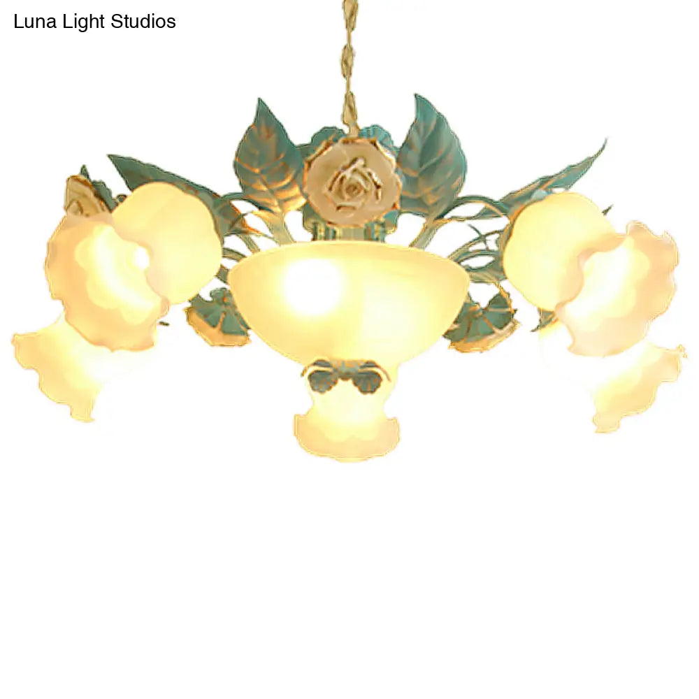 Pastoral Style Floral Chandelier With Frosted Blue Glass Shade - 7-Light Pendant Lamp For Living